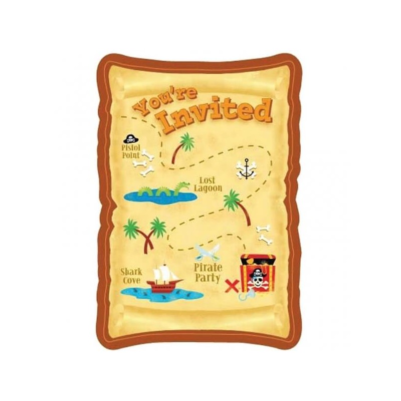 8 cartes d'invitation Pirate "carte au trésor" & enveloppes