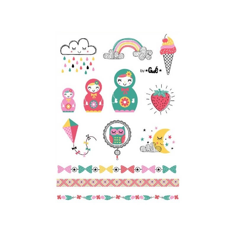 Tatouages poupées russes, arc-en-ciel, nuage et Cie Planche de tatouages temporaires - poupées russes, arc-en-ciel, nuage, cerf-volant et Cie