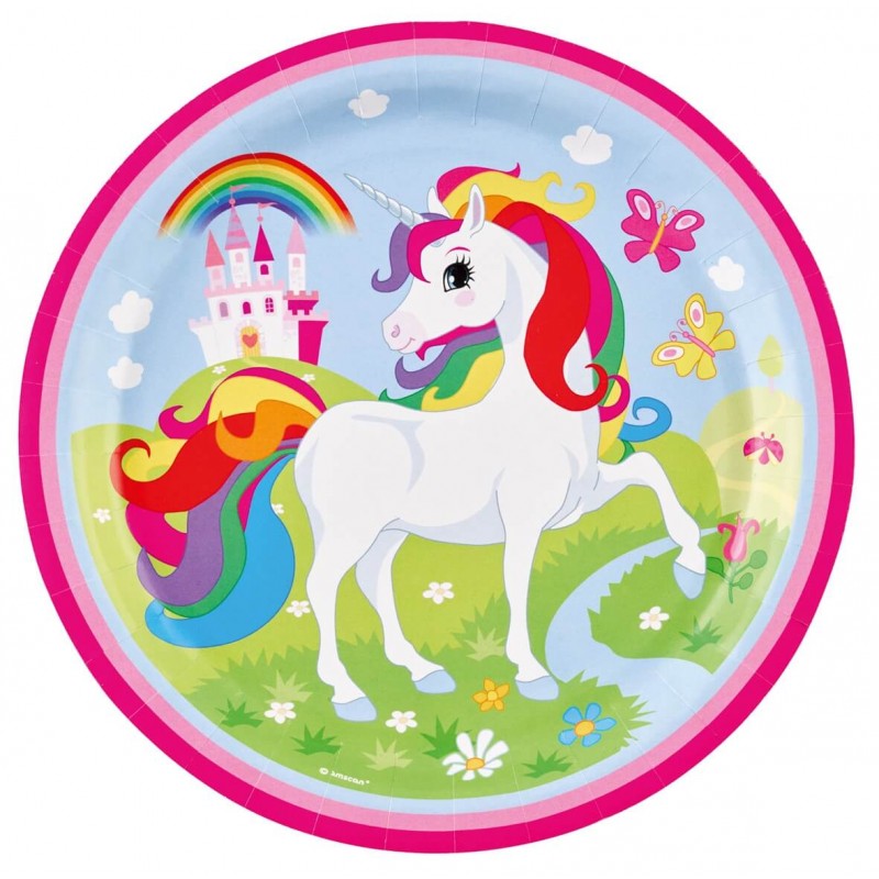 8 Assiettes en carton Licorne arc-en-ciel 23 cm