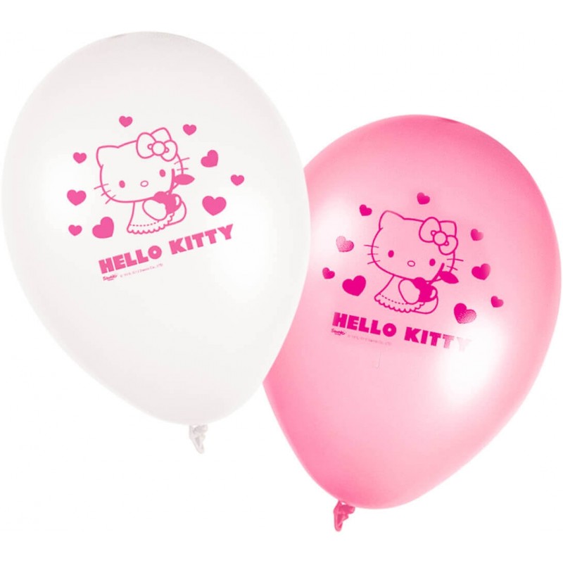 8 ballons gonflables imprimés Hello Kitty rose et blanc 28 cm