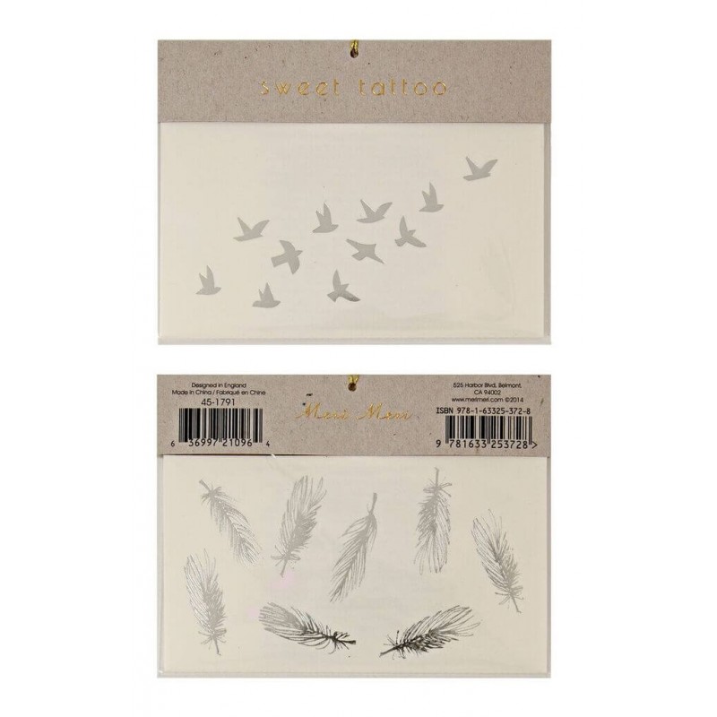2 TATOUAGES OISEAU ET PLUME EN ARGENT 114 x 89 x 3mm