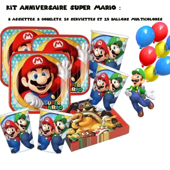 Kit Anniversaire Super Mario - 8 Assiettes, 8 Gobelets, 20 Serviettes & 15  Ballons