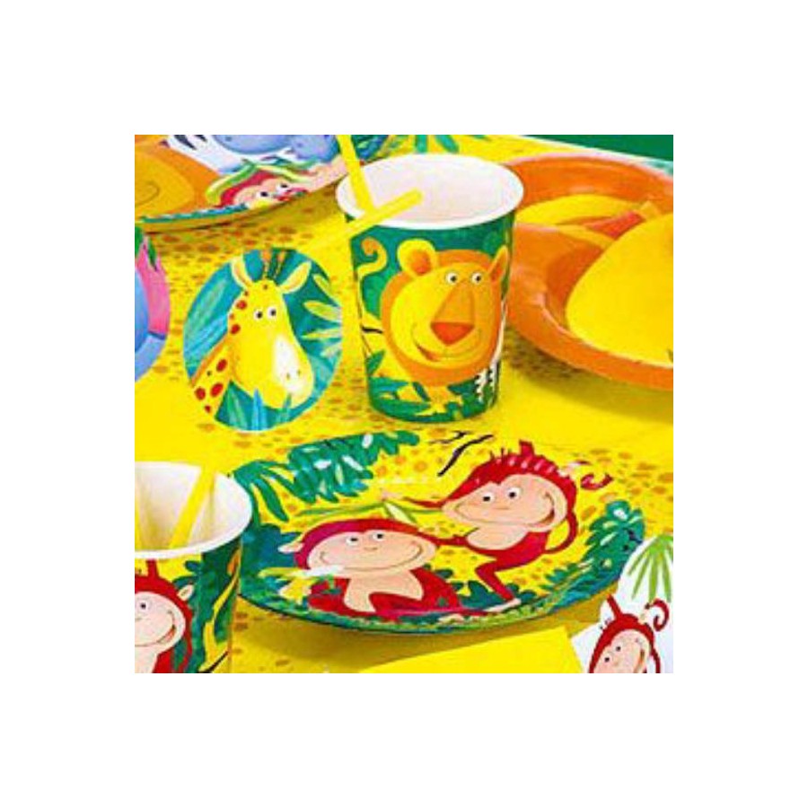 Kit anniversaire Animaux de la jungle ( 8 assiettes, 8 gobelets, 20 serviettes, une nappe et 10 ballons latex )