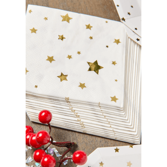 16 petites serviettes en papier motifs étoiles dorées